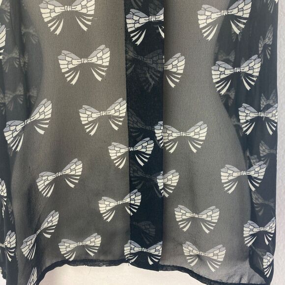 Glam Doll Black Sheer Blouse Med Bow Print Peter Pan Collar Whimsy Goth Siren - Picture 6 of 12